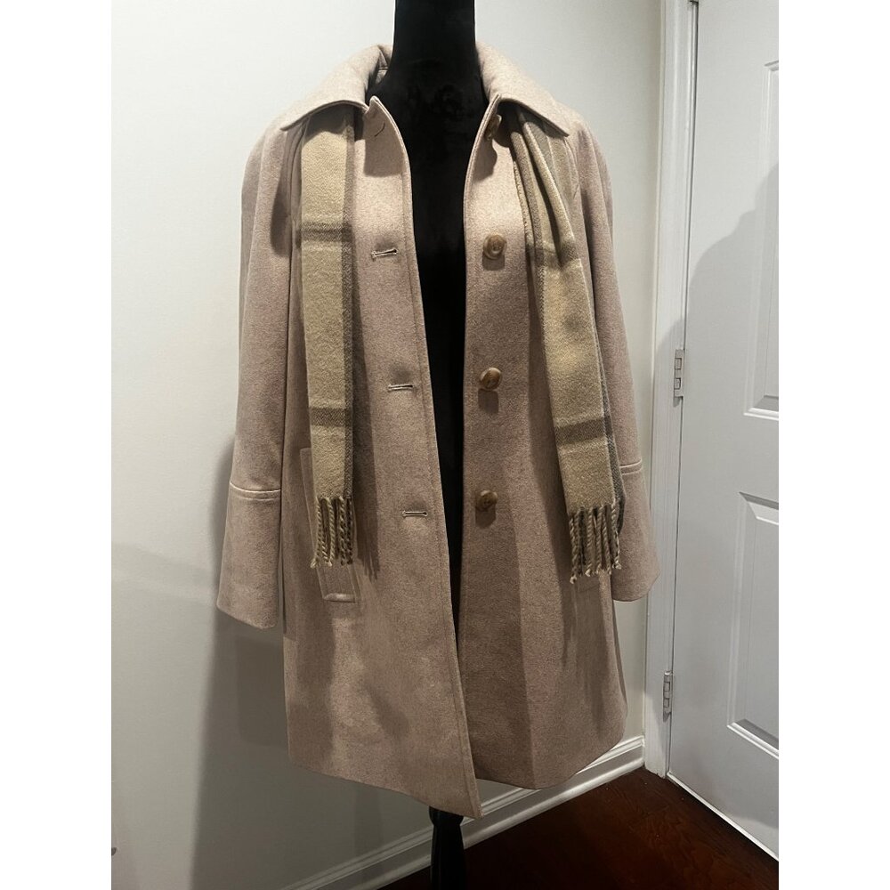 London Fog Women’s Raglan Button Front Wool Coat Oatmeal Heather Plaid Scarf LG